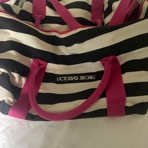 Victoria's Secret Black and White Striped Tote with Pink Handles